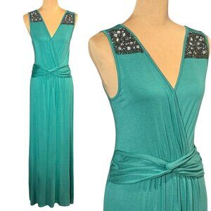 NWOT Boho Beaded Maxi Dress Sz.M Green Teal Sleeveless Event Festival Summer